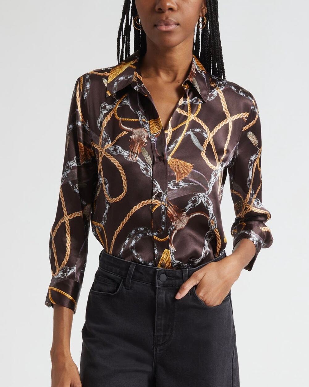 L'AGENCE Dani Silk Brown Western Chain Print Collared Blouse Small Button Up Top